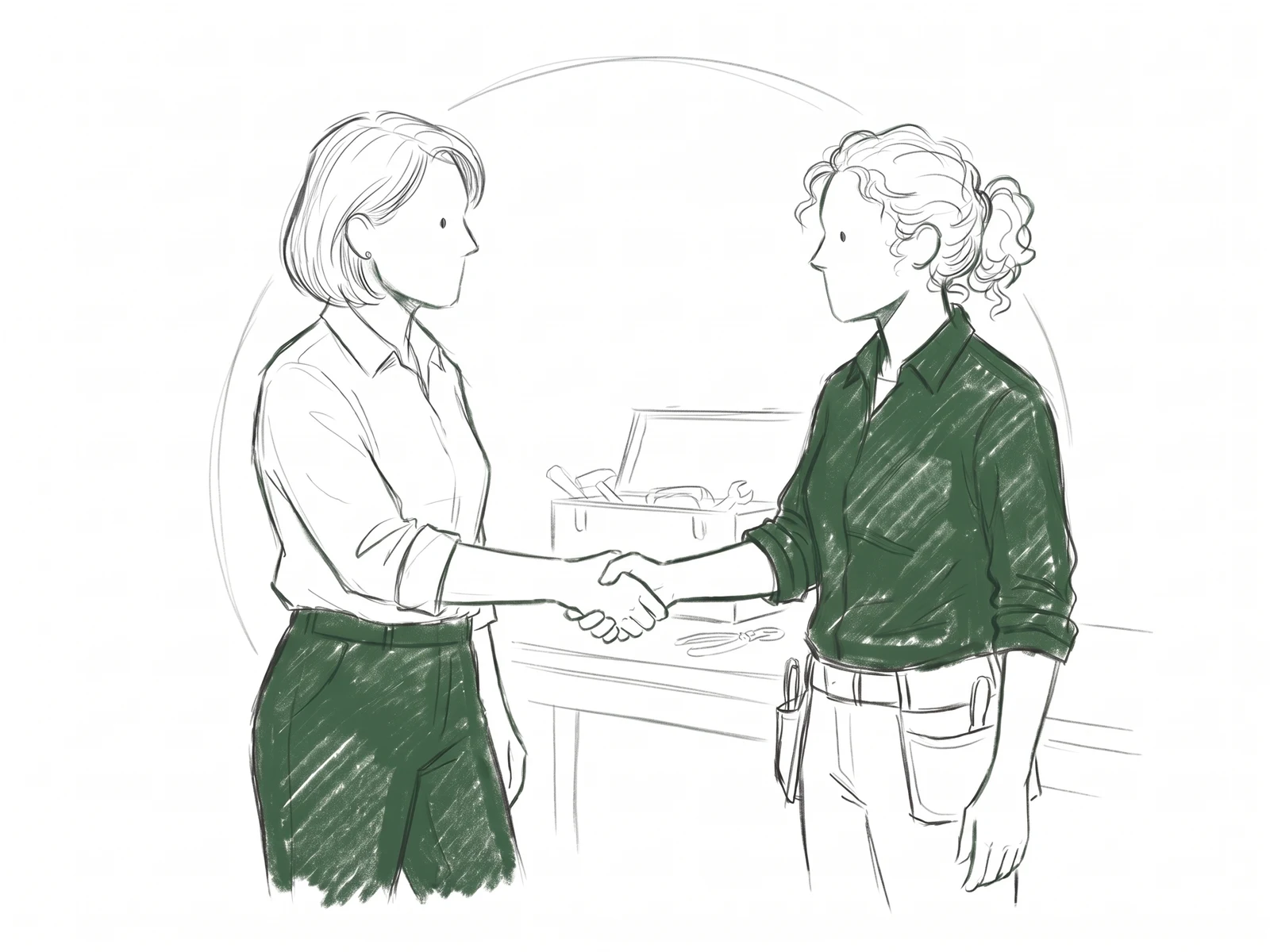 A workshop owner welcoming a technician with a handshake